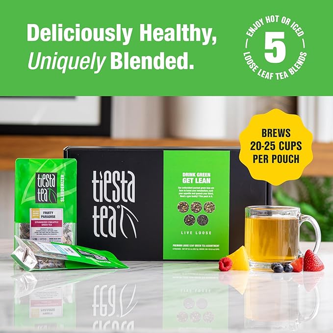 Tiesta Tea - Green Loose Leaf Tea Gift Set Medium Caffeinated Assorted Blends 5 Pouches of Hot &amp Iced Brews Variety Pack Chinese Gunpowder Chinese Jasmine &amp Fruity Green