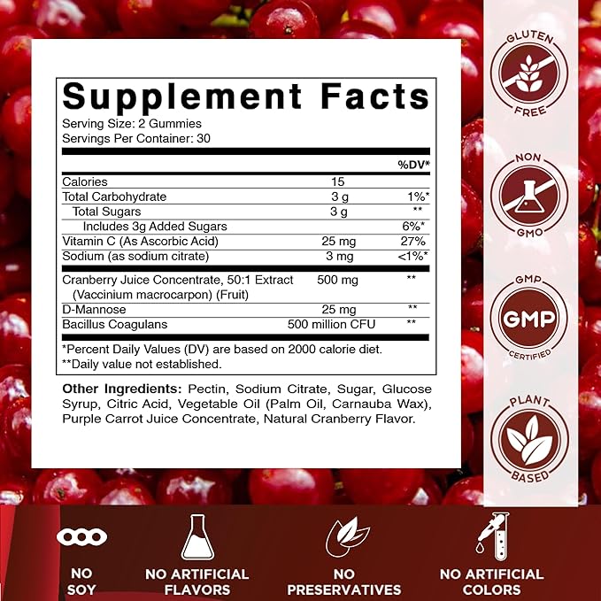 Vitamatic 2 Pack Cranberry Gummies with D-Mannose Probiotics Vitamin C – Plant-Based Botanical Extract – Vegan Non-GMO – 60 Count