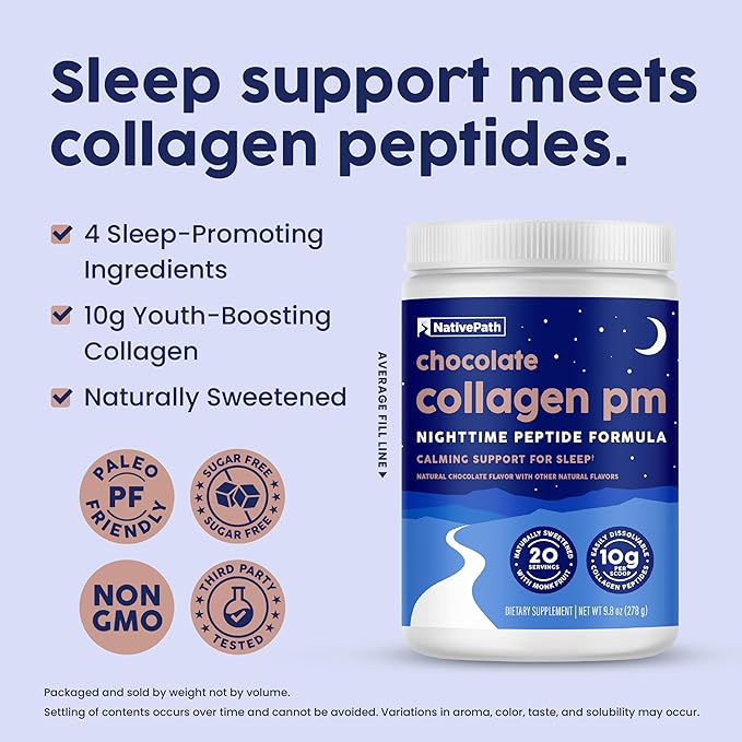 NativePath Collagen PM - Chocolate Nighttime Collagen Peptides Powder with Magnesium GABA L-Theanine and Melatonin - 20 Servings