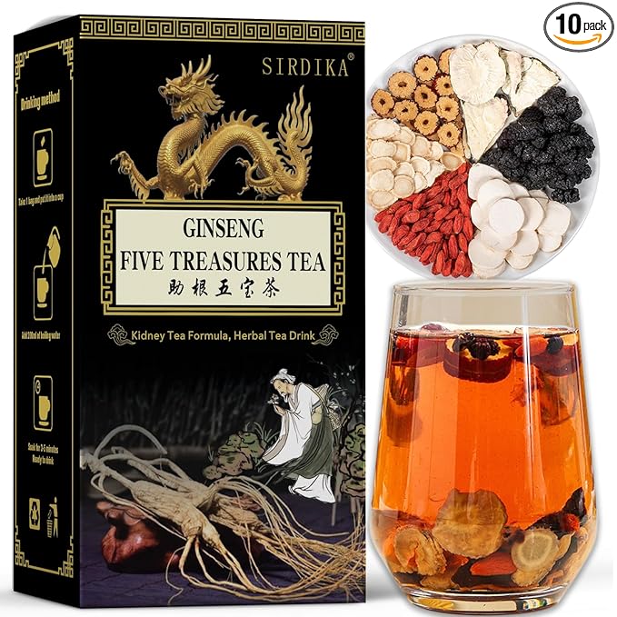 SIRDIKA Ginseng Five Treasures Kidney Tea Zhu Gen Wu Bao Cha Wubao - Chinese Herbal Men's Tea (10 Bags/1 Box)