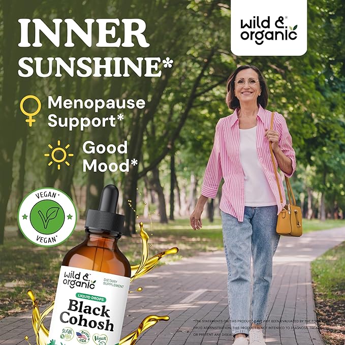 Wild &amp Organic Black Cohosh Supplements - Menopause Supplements for Women - 540 mg Black Cohosh Root Extract Tincture - Add to Tea Drops - 5-Month Supply - Vegan Sugar &amp Alcohol-Free - 4 fl o