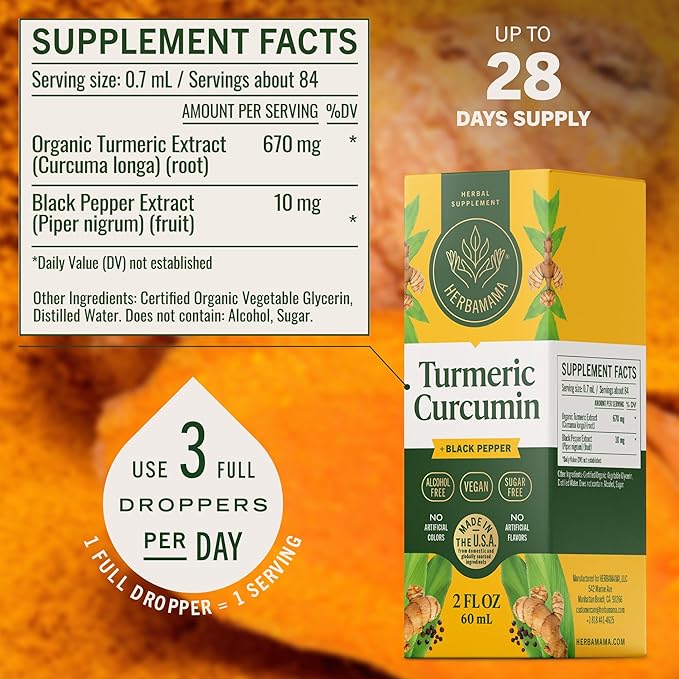 HERBAMAMA Liquid Turmeric Drops - Vegan Uric Acid &amp Digestive Support with Pure Turmeric Curcumin with Black Peppe Extract - Non-GMO Alcohol &amp Sugar-Free Antioxidant Supplement - 28-Day Suppl