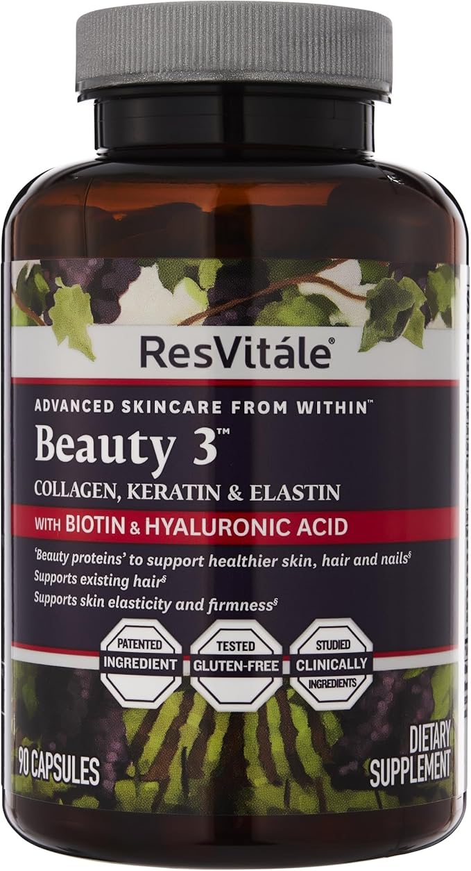 ResVitale Beauty 3 - Skin Care Supplement with Collagen Keratin &amp Elastin - 90 Capsules &amp Collagen Enhance - Beauty Supplement with Hyaluronic Acid &amp Resveratrol - 60 Capsules