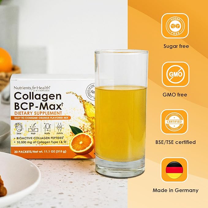 Rawleigh Collagen BCP-Max: 30 Travel Friendly Sachets - Delicious Orange-Flavoured Concentrate 10000mg of Hydrolysed Types I &amp III Collagen Peptides Vitamin C for Hair Skin Nails Muscles GMO-