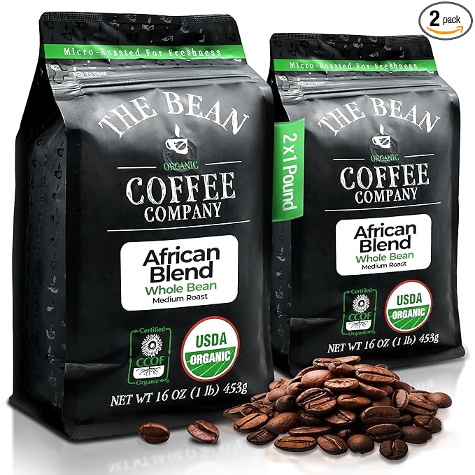 The Bean Organic Coffee Company African Blend Medium Roast Whole Bean Coffee 16-Ounce Bags (Pack of 2)