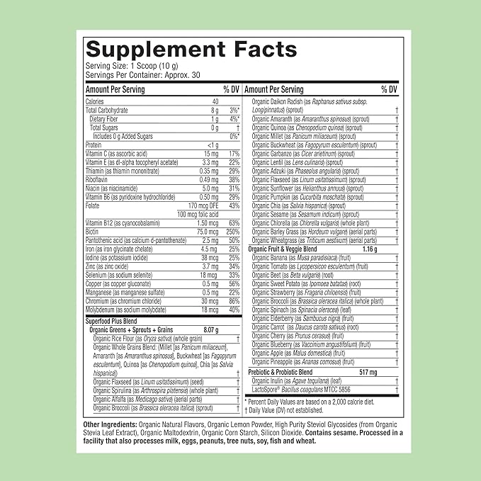Purely Inspired Organic Green Powder Smoothie Mix Tropical Mango Iced Tea Flavor (30 Servings) - Probiotics for Digestive Health with Spirulina &amp Chlorella for Gut Health - Vegan