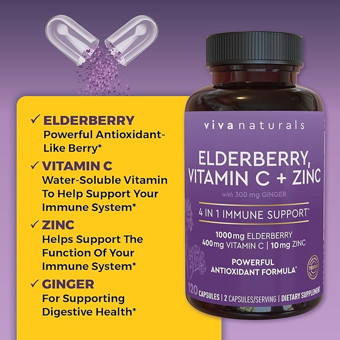 Viva Naturals Elderberry with Vitamin C and Zinc (120 Capsules) - 1000mg Sambucus Elderberry Immune Support Supplement Black Elderberry Capsules for Adults Elderberry Vitamins - 2 Months Supply