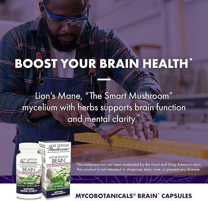 Host Defense MycoBotanicals Brain* Capsules - Brain Support Supplement with Lion's Mane Reishi &amp Cordyceps Mushroom - Herbal Supplement for Memory &amp Focus Support - 60 Capsules