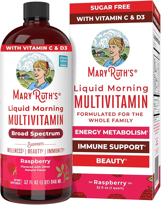 MARYRUTH'S Liquid Morning Multivitamin for Women Men &amp Kids | Vitamin A C D E B6 B12 Biotin Zinc | Beauty | Vegan | Non-GMO | Gluten Free | 32 Servings