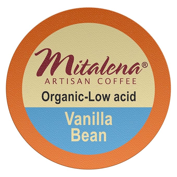 Mitalena Artisan Vanilla Bean Low Acid Coffee Pods for Keurig - Medium Roast K Cups for Acid Reflux Prevention - 72 Count Organic Coffee with Vanilla Flavor