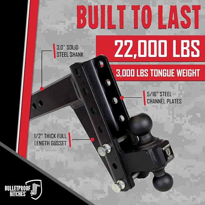 BulletProof Hitches - 3.0 Adjustable Heavy Duty Trailer Hitch (22000 lb. Rating) - 8 Drop/Rise Trailer Hitch with 2 &amp 2-5/16 Dual Ball - Powder Coat Solid Steel Corrosion-Resistant