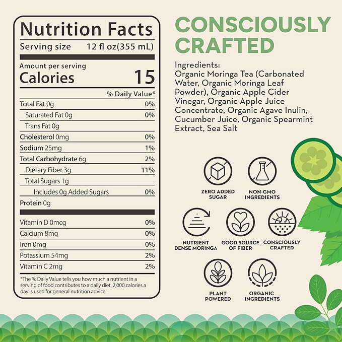 Ringa Sparkling Cucumber Mint Hydration 12 FZ Sparkling Drink Organic Moringa + Apple Cider Vinegar with 3g Prebiotic Fiber No Added Sugar Gut Health &amp Clean Hydration – 12oz Cans