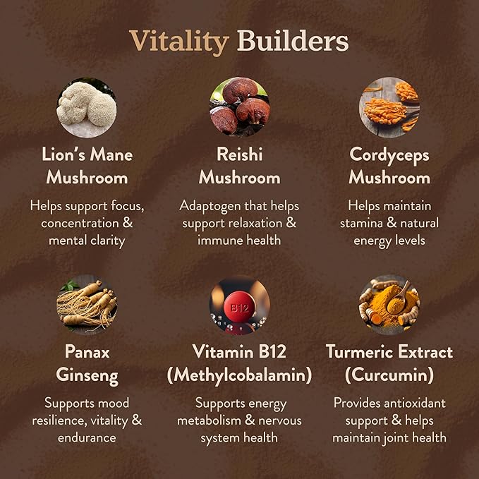 More. Longevity &amp Wellbeing Premium Mushroom Coffee Superfood – 7 Functional Mushrooms Extracts with Lions Mane Supplement Reishi Chaga &amp Ashwagandha Extract Instant Coffee Alternative with