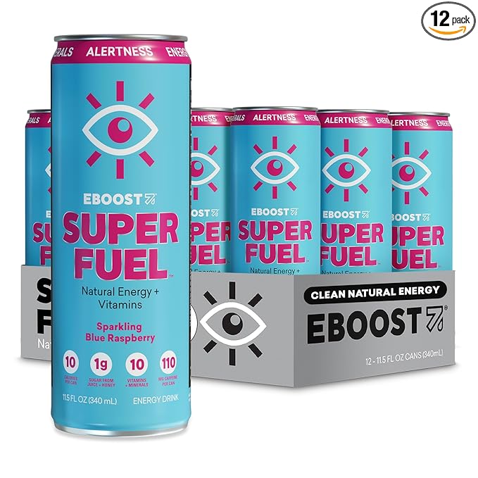 EBOOST SUPER FUEL Healthy Energy Drink - Blue Raspberry: 12 Healthy Energy Drinks - Focus &amp Productivity - 110 mg Caffeine + Nootropics &amp Electrolytes - No Sucralose Taurine Artificial Flav