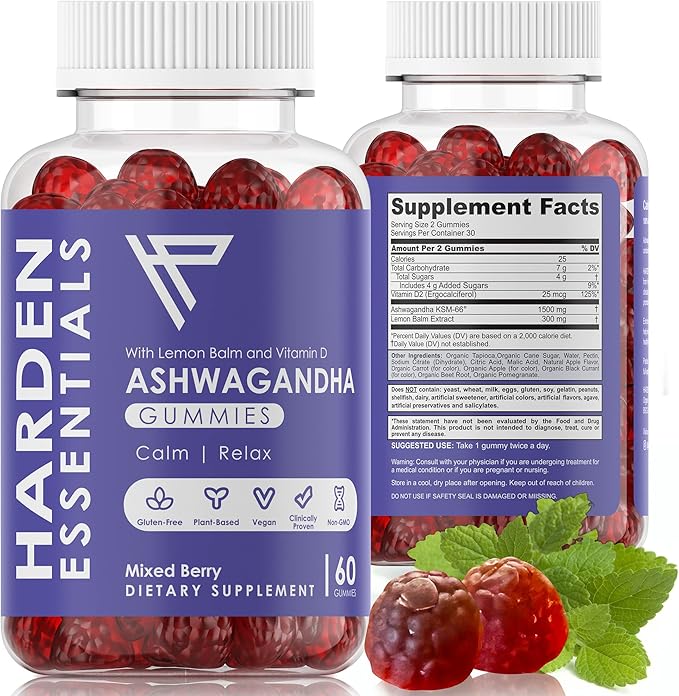 KSM-66 Ashwagandha Gummies 750mg Per Gummy – 1500mg Per Serving – Stress &amp Cortisol Support – with Lemon Balm &amp Vitamin D – 60 Count (30 Day Supply) – Vegan – Harden Essentials