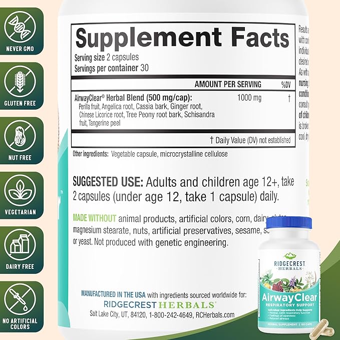 Ridgecrest Herbals AirwayClear Lung Health and Breathing Support Supplements with Schisandra Fruit Cassia Bark and Ginger Root Sinus Mucus Support Gluten Free (60 Vegan Caps 30 Serv)