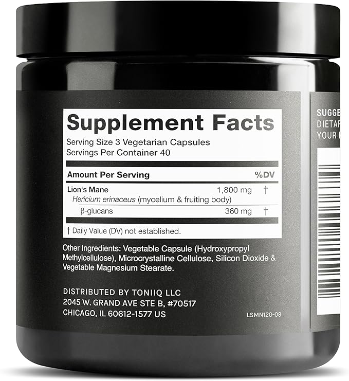 Toniiq Lion’s Mane - Ultra High Potency 10:1 Extract with 30% Polysaccharides - Highly Concentrated &amp Bioactive - Third-Party Lab Tested - 120 Capsules