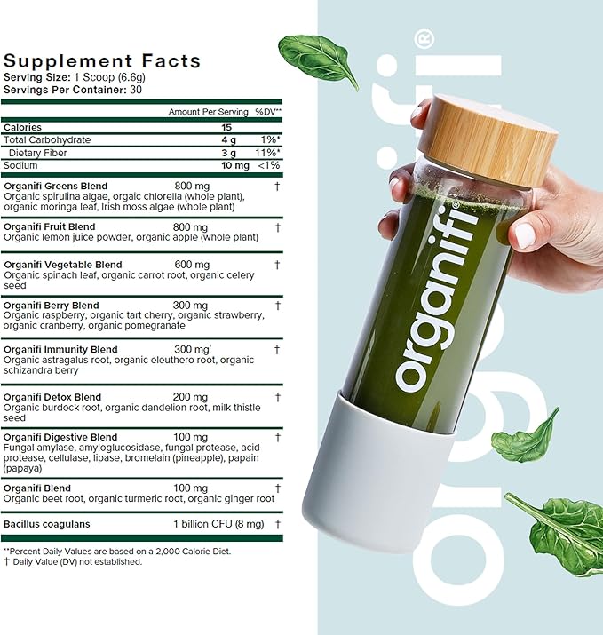 Organifi Daily Greens - Everyday Nutrition and Support - Greens Powder for Energy Digestion and Immunity 30 Servings