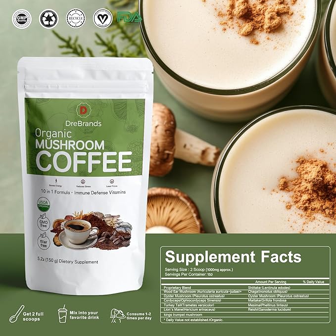 DreBrands Mushroom Coffee |10 in 1 Organic Mushrooms | USDA Organic | Instant Coffee | Wood Ear | Better Energy Focus Digestion Immunity | Shiitake Lion’s Mane Turkey Tail | 15 Servings
