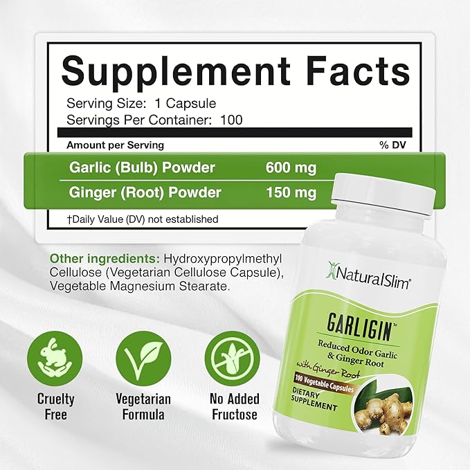 NaturalSlim Garligin Odorless Garlic Supplement with Ginger for Immune Support Metabolism Booster Supports Natural Body Balance &amp Improves Digestion - 100 Capsules