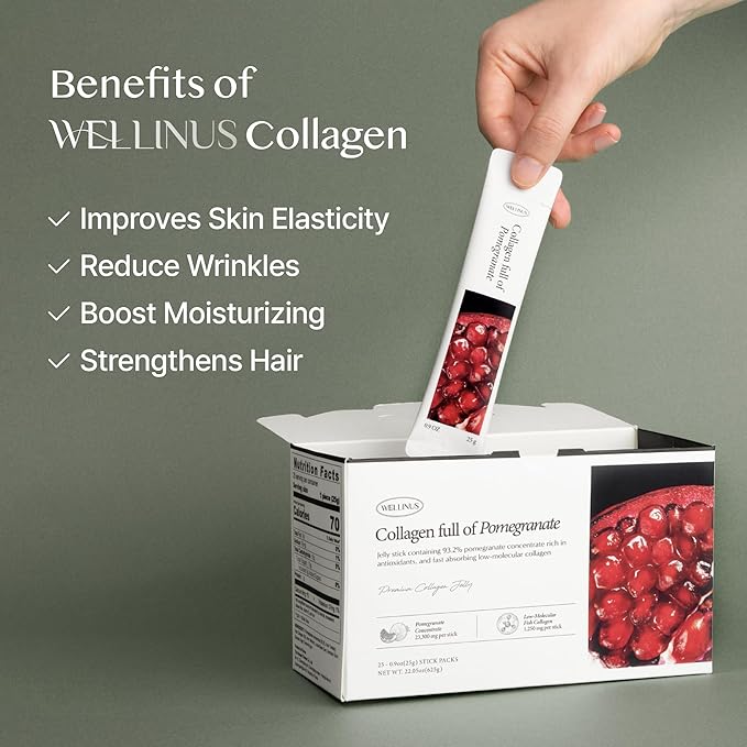 Korean Collagen Jelly Sticks - 25 Pomegranate Flavored Marine Collagen Peptide Snacks for Anti-Aging- Collagen Protein Sugar-Free Travel Packs for Hair &amp Nail Strength