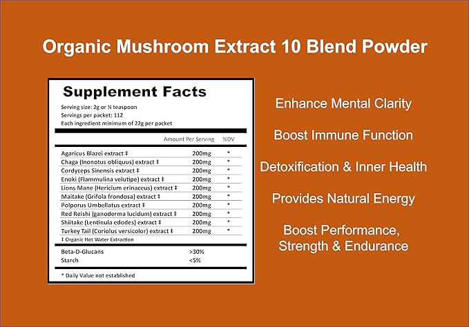 Mushroom Extract Powder - Powerful 10 Blend Organic Lions Mane Cordyceps Reishi Shiitake Turkey Tail Mushrooms Nootropic Brain Supplement for Energy Calm Focus &amp Immune System Booster