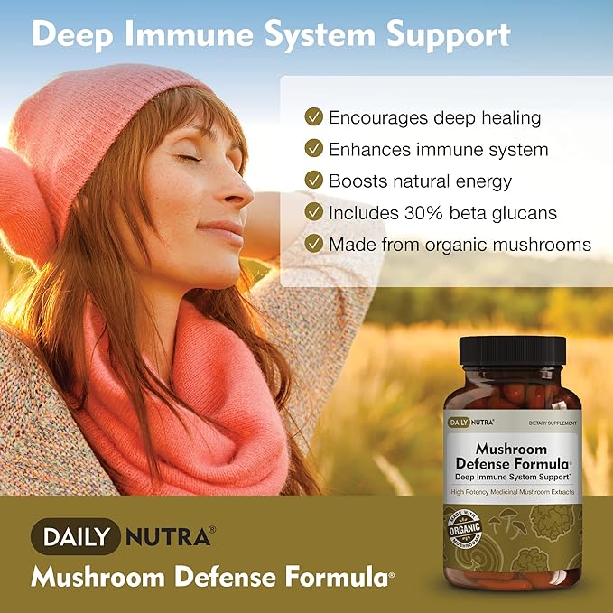 DailyNutra Mushroom Defense Formula - Immune Support Supplement | Organic Mushrooms Hot Water Extracted - Reishi Chaga Maitake Shiitake &amp Turkey Tail (90 Capsules)