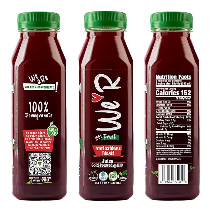 WE’R 100% Pomegranate Juice – Antioxidant Blast! – Cold-Pressed &amp HPP – 10 Pack – 11.2 fl oz Each (330 ml) – Superfood Power Not From Concentrate Vegan GMO-Free
