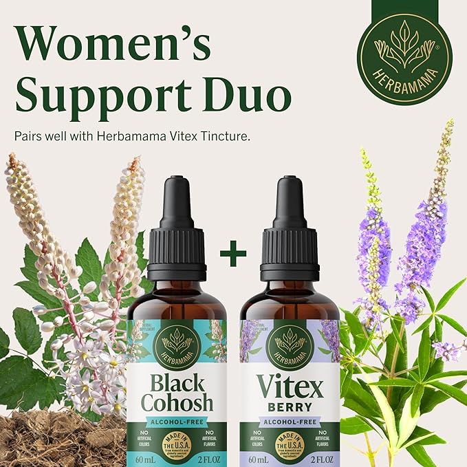HERBAMAMA Black Cohosh Tincture - Vegan Women's Support with Black Cohosh Root Extract Drops - Non-GMO Alcohol &amp Sugar-Free Liquid Herbal Supplement 84-Day Supply