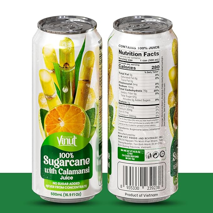 VINUT 100% Sugarcane with Calamansi Juice No Added Sugar Not From Concentrate 16.9 fl oz (500 mL) Can Pack of 6