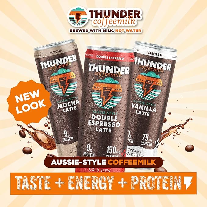 Thunder CoffeeMilk - 11 oz Aussie Style Cold-Brewed Latte Canned Coffee Iced Coffee Cans for Grab &amp Go Natural Protein-Rich 75mg Caffeine Energy Drink in Handy Cold Brew Cans Vanilla 12 Pack