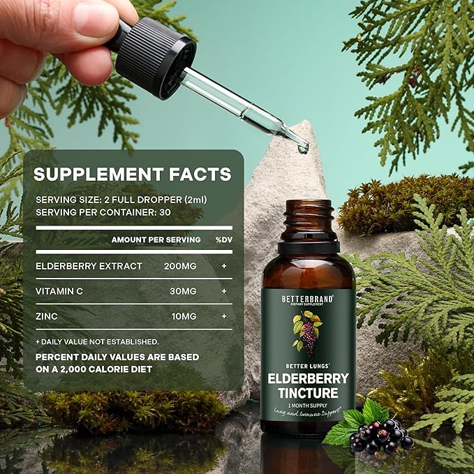 Betterbrand BetterLungs Elderberry Tincture Natural Immune Support Supplement - Sugar-Free Non-GMO Alcohol Free Vegetarian - 30 Day Supply