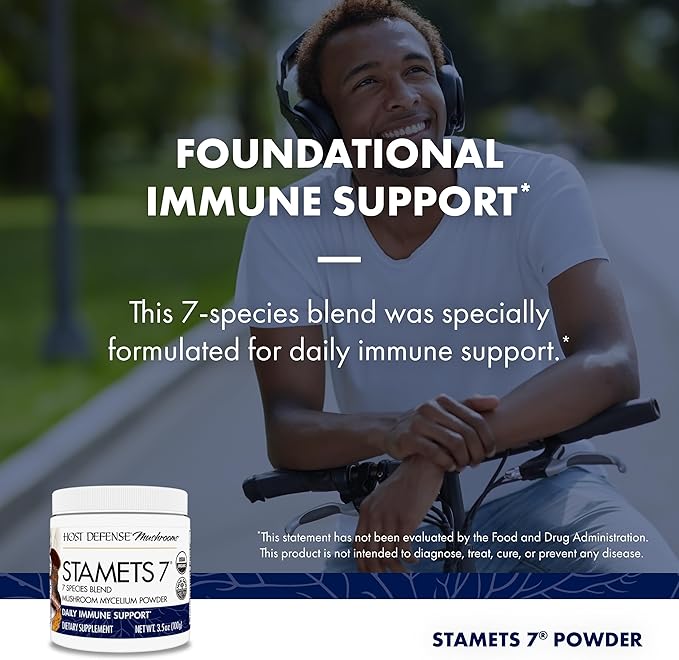 Host Defense Stamets 7 Mushroom Powder - 7 Species Blend - Mushroom Supplement for Immune Support with Royal Sun Blazei Cordyceps Reishi Maitake Lion's Mane Chaga &amp Mesima - 3.5 oz (66 Servin