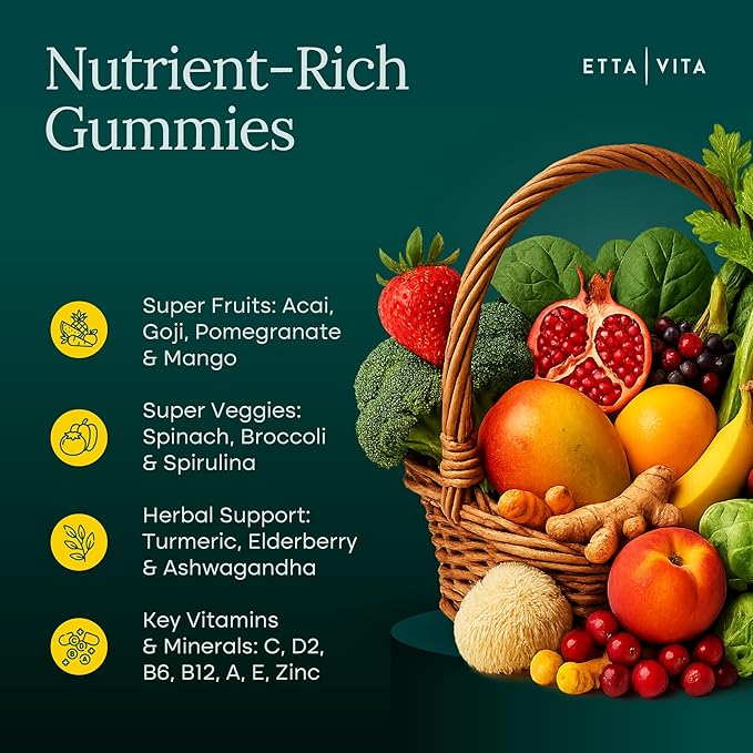 (120 Chews) Fruits and Veggies Supplement - Super Greens Gummies (9 Superfruits &amp 30 Veggies) Mushrooms Fruit and Vegetable Vitamins Non-GMO Pectin-Based Gluten-Free No Capsules