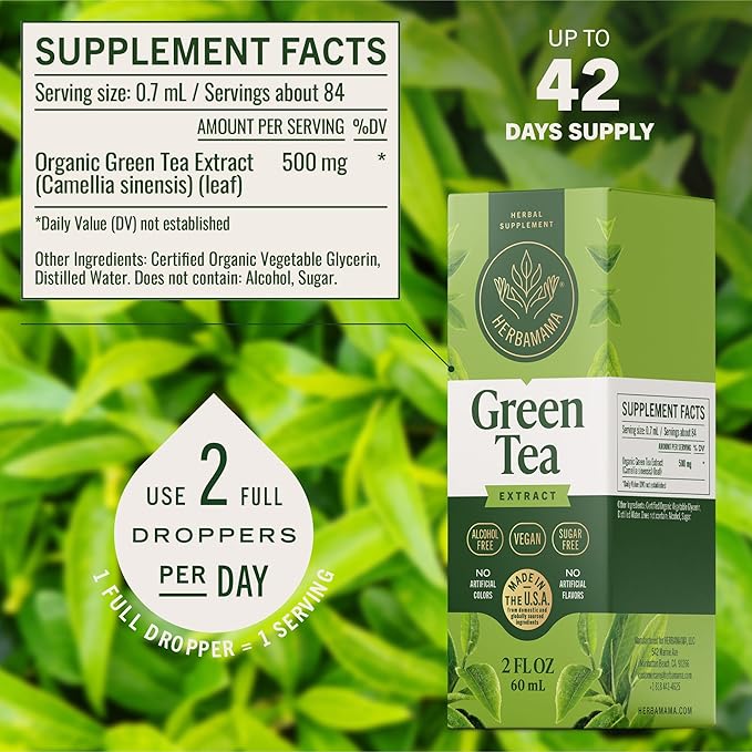 HERBAMAMA Green Tea Extract Drops - Vegan Antioxidant &amp Overall Support with Camellia Sinensis Extract Tincture - Non-GMO Alcohol &amp Sugar-Free Natural Green Tea Supplements 42-Day Supply
