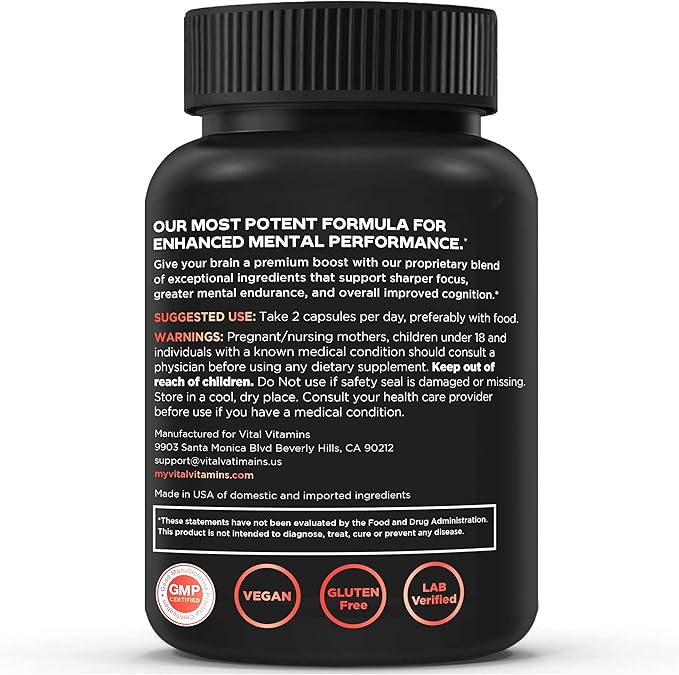 Vital Vitamins Nootropic Brain Supplement Plus - for Memory Focus Concentration Neuro Energy Clarity - with Lion's Mane Mushrooms - 60 Capsules