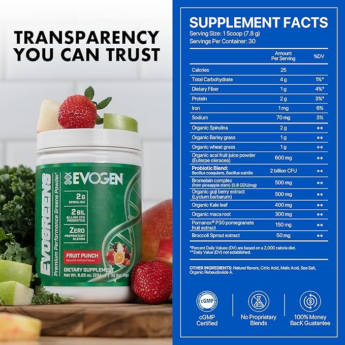 Evogen Evogreens - Super Greens Powder | Promotes Recovery Wellness &amp Immune Health | Greens Superfood Powder with Spirulina Probiotics Pomanox Pomegranate Extract | Fruit Punch | 30 Servings