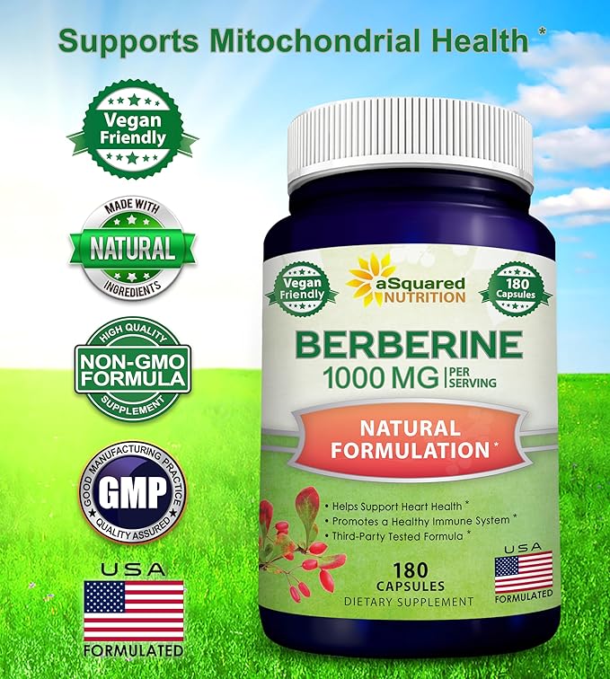 aSquared Nutrition Pure Berberine 1000mg Supplement - 180 Veggie Capsules Natural Berberine Hydrochloride HCL Plus Max Strength 1000 mg (2X 500mg) Potent Berberine Vegan Extract