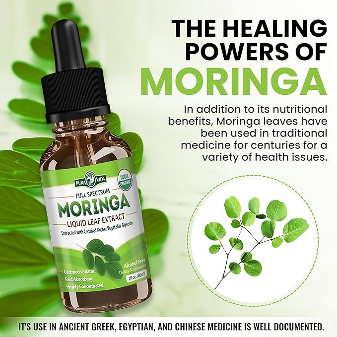 PURA VIDA MORINGA Leaf Extract Liquid Drops - USDA Organic Certified - Highly Purified Bioavailable &amp Faster Absorption than Moringa Powder or Capsules - Single Origin Moringa Oleifera Leaves Ext