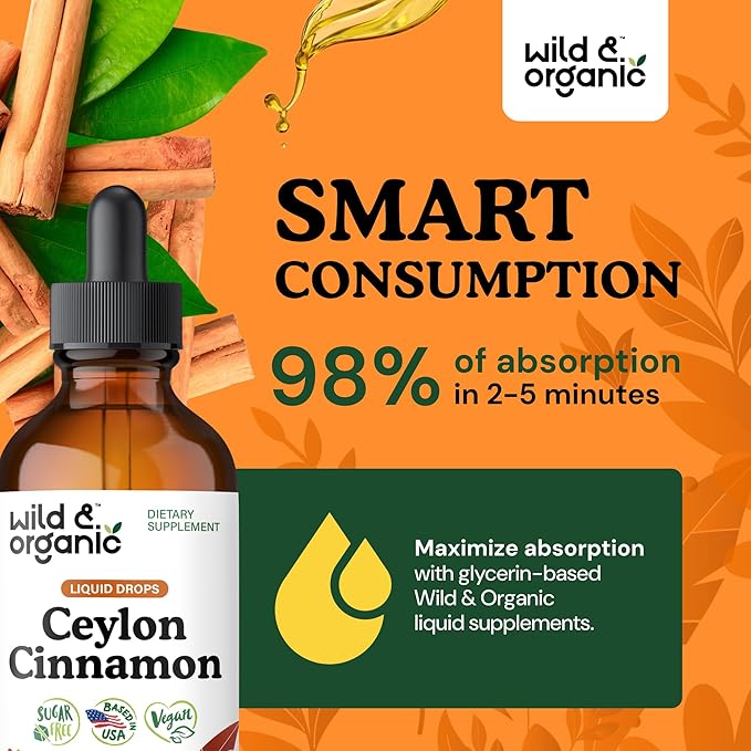 Wild &amp Organic Ceylon Cinnamon Tincture 500 mg - Liquid Cinnamon Supplements for Overall Support - Cinnamomum Verum Bark Extract - Vegan Sugar &amp Alcohol-Free Non-GMO - 4 fl oz