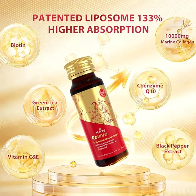 Heivy Liposomal Liquid Collagen for Women 10000mg Marine Collagen Peptides &lt1000Da Patented Liposome 133% Higher Absorption CoQ10 Biotin Vitamins GMP Tested Non-GMO Gluten Free 50mL 10 Bottle
