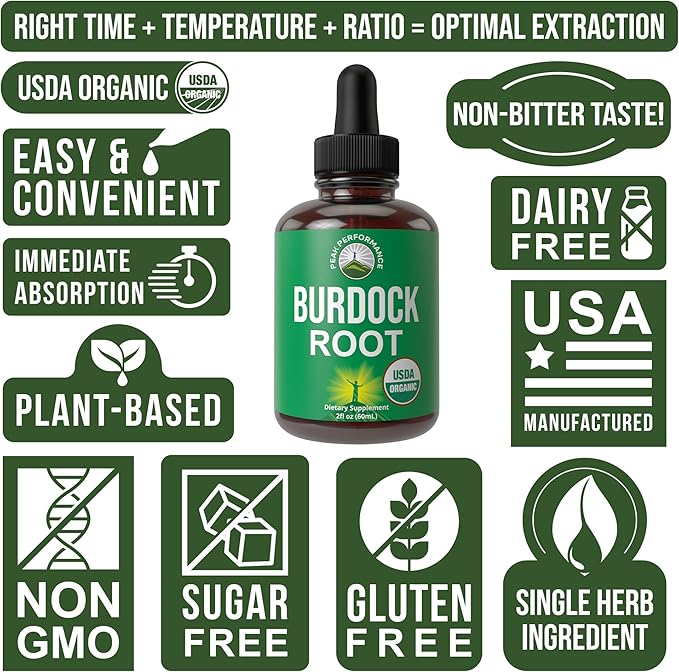 Peak Performance USDA Organic Burdock Root Liquid Drops Supplement - Vegan Extract Oil Herb Tincture for Women and Men - Zero Sugar Gluten Free Non-GMO Supplements - 2 fl oz
