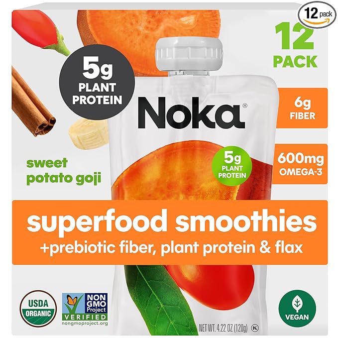Noka Superfood Fruit Smoothie Pouches Sweet Potato Goji Healthy Snacks with Flax Seed Plant Protein and Prebiotic Fiber Vegan and Gluten Free Snacks Organic Squeeze Pouch 4.22 oz 12 Count