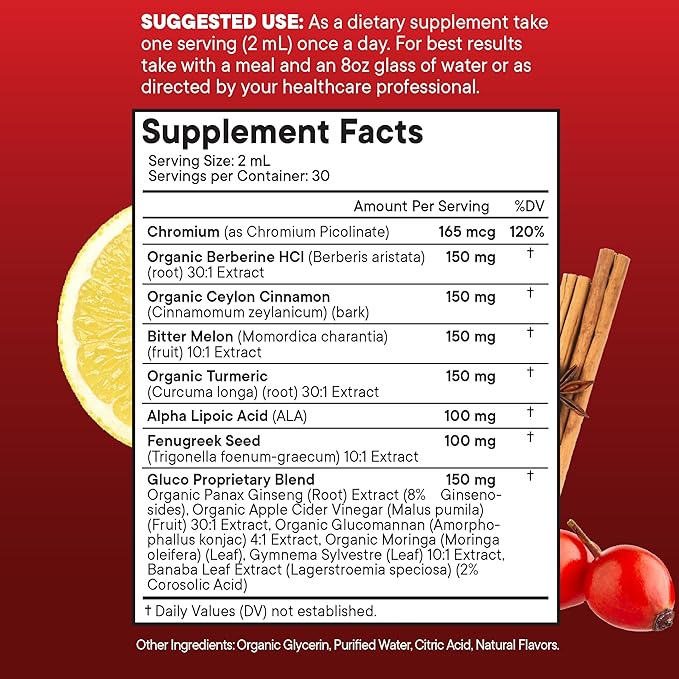 Berberine with Ceylon Cinnamon Supplement Liquid Drops + Bitter Melon Extract Glucomannan Gymnema Chromium Turmeric Panax Ginseng Moringa- 4 OZ