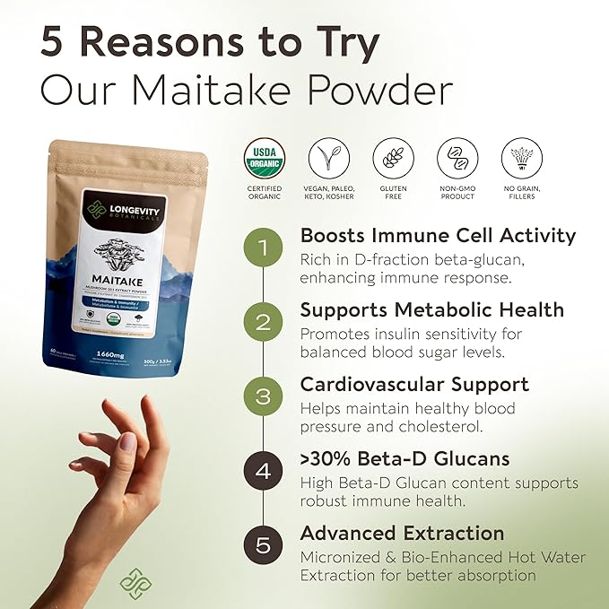 Organic Maitake Mushroom Powder Supplement 10:1 Extract 100g | Grifola Frondosa 100% Fruiting Body | ≥30% Beta-D-Glucans | 60 Servings of 1660mg | Metabolism Immune &amp Daily Wellness Support