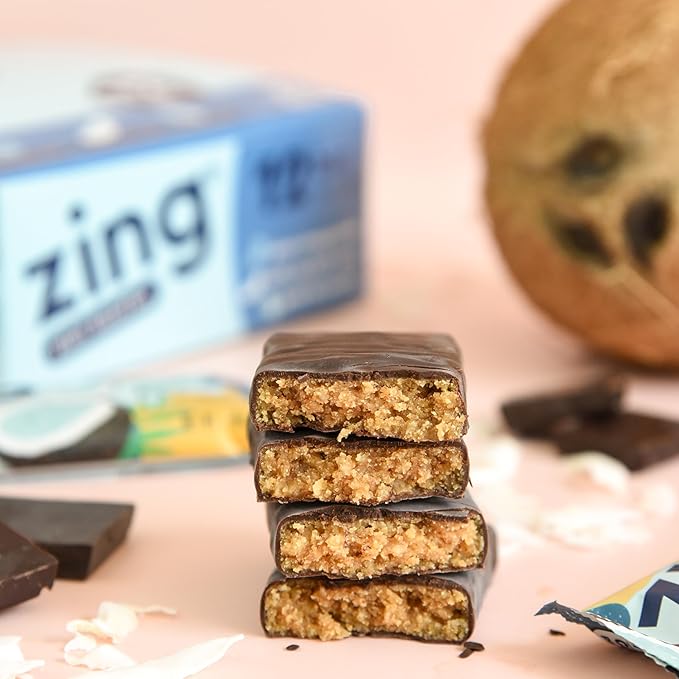 Zing Dark Chocolate Coconut Vegan Protein Bars Gluten Free with High Protein High Fiber Dairy Free Nutrition Bars Plant Based Protein Kosher Low Sugar No Sugar Alcohols - 12 count