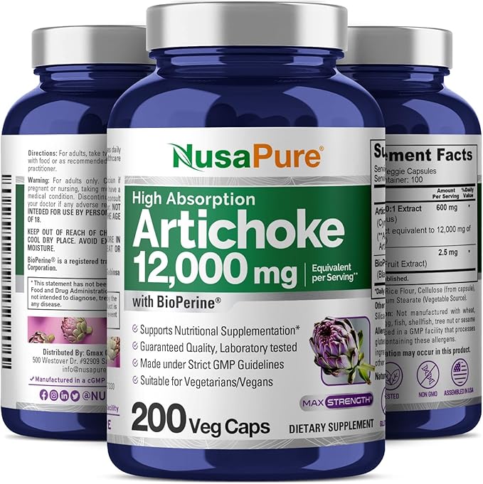 NusaPure Artichoke 20:1 Extract 600 mg Equivalent to 12000mg 200 Veggie caps (Non-GMO Gluten Free)