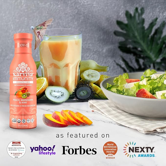 Organic Immunity Support Plant Based Juice 6 bottles 12 fl oz each Peach Mandarin and Kiwi Flavor Natural Electrolyte and High in Antioxidants Non GMO Low Glycemic Index