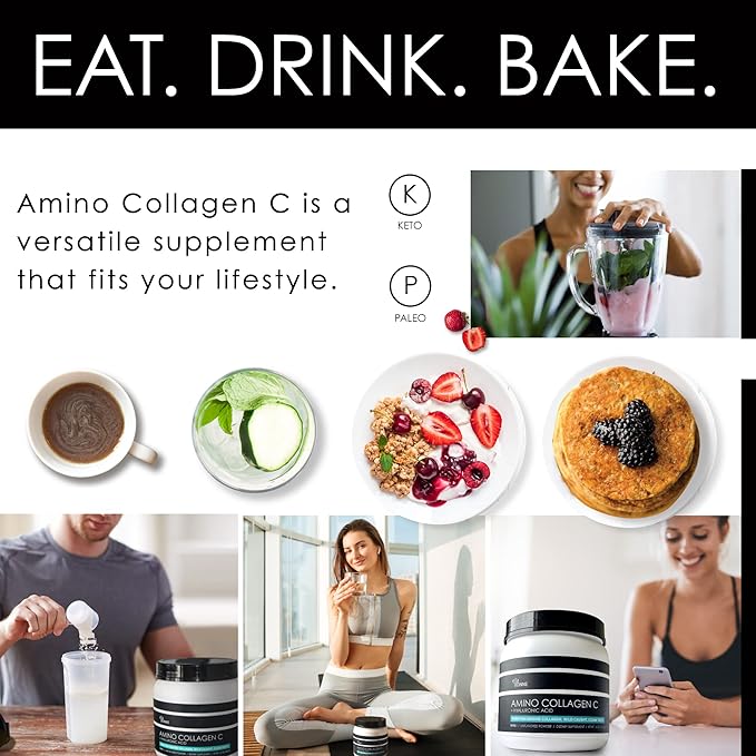 Amino Collagen C with Hyaluronic Acid (60 Servings 16oz_456g) - Non-GMO Marine Collagen Peptides - Hydrolyzed Powder - Unflavored - No Sugar - for Firm Skin Hydration and reducing fine Lines