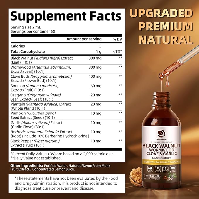 Lukaree Wormwood Black Walnut Clove Cleanse for Humans Tincture – Rapid Gut Detox &amp Digestive Health with Garlic Pumpkin Seeds Soursop Oregano 10:1 Ultra-Concentrated Liposomal Tech 98% Absorptio